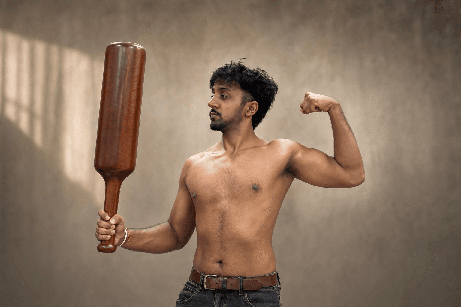 Yash Garg holding a wooden mudgar